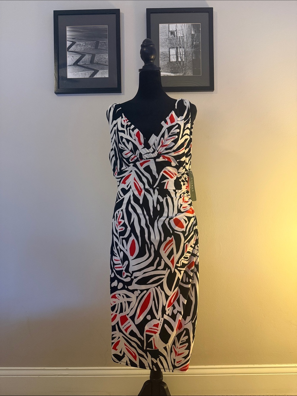 Lauren Ralph Lauren Black, White & Red Printed Midi Dress